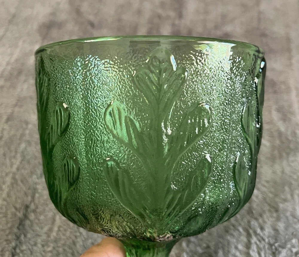 Vintage 1975 FTD Embossed Oak Leaf Avocado Green Glass Planter Vase Goblet Cup